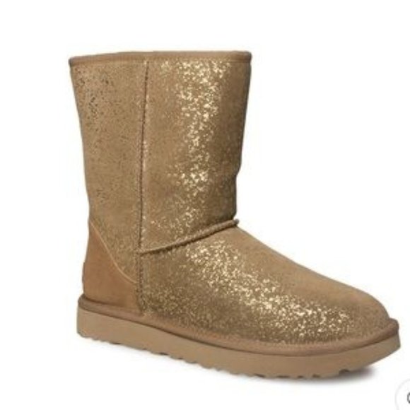 UGG Shoes - UGG Classic Short II Foil Glam Boot Chestnut Brown and Gold - Size 7